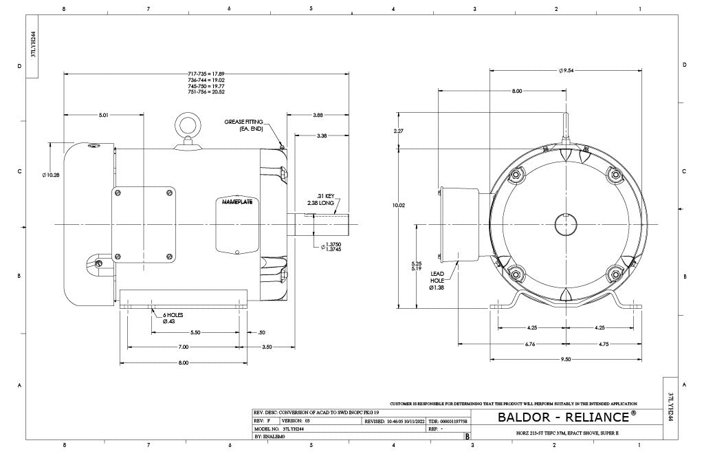 Baldor EM3714T Motor - 10 HP, 1770 RPM, 3-Phase, TEFC, 60 Hz, 215T Frame